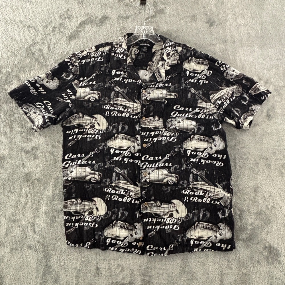 George Rockin‎ Rollin Cars Guitars Short Sleeve Button Shirt Mens L Black Rayon